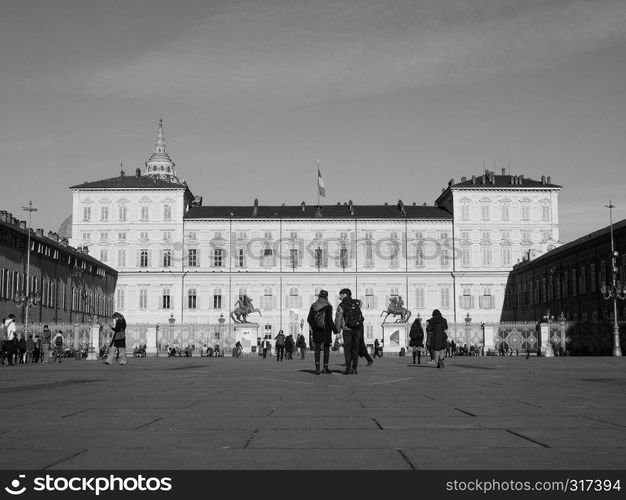 TURIN, ITALY - CIRCA JANUARY 2019: Palazzo Reale (meaning Royal Palace) in black and white. Palazzo Reale in Turin in black and white