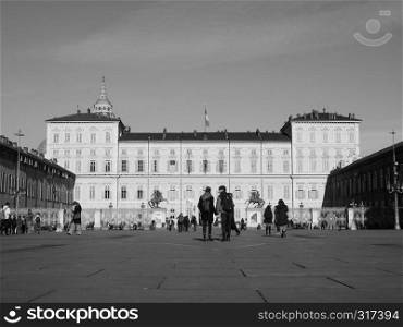 TURIN, ITALY - CIRCA JANUARY 2019: Palazzo Reale (meaning Royal Palace) in black and white. Palazzo Reale in Turin in black and white