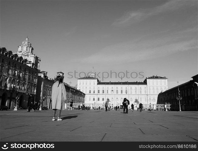 TURIN, ITALY - CIRCA JANUARY 2019  Palazzo Reale  meaning Royal Palace  in black and white. Palazzo Reale in Turin in black and white