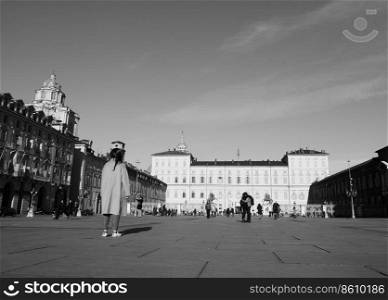 TURIN, ITALY - CIRCA JANUARY 2019  Palazzo Reale  meaning Royal Palace  in black and white. Palazzo Reale in Turin in black and white