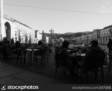 TURIN, ITALY - CIRCA JANUARY 2019: Piazza Vittorio Emanuele II square in black and white. Piazza Vittorio square in Turin in black and white