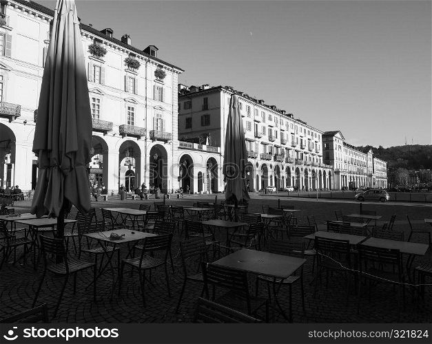 TURIN, ITALY - CIRCA JANUARY 2019: Piazza Vittorio Emanuele II square in black and white. Piazza Vittorio square in Turin in black and white