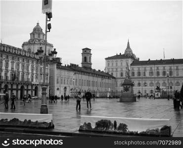 TURIN, ITALY - CIRCA NOVEMBER 2018: The Piazza Castello square in black and white. Piazza Castello square in Turin in black and white