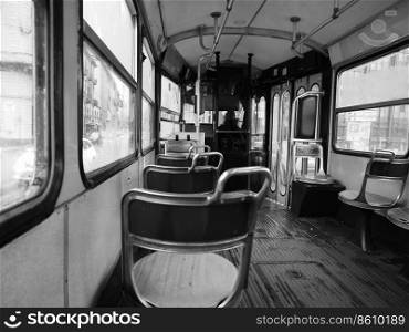 TURIN, ITALY - CIRCA NOVEMBER 2018  Vintage tramway public transport carriage in black and white. Vintage tram in Turin in black and white
