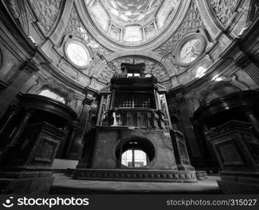 TURIN, ITALY - CIRCA OCTOBER 2018: Cappella della Sindone meaning Holy Shroud chapel at Turin Cathedral in black and white. Cappella della Sindone in Turin in black and white