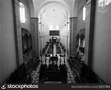 TURIN, ITALY - CIRCA OCTOBER 2018: Cappella della Sindone meaning Holy Shroud chapel at Turin Cathedral in black and white. Cappella della Sindone in Turin in black and white