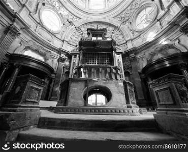 TURIN, ITALY - CIRCA OCTOBER 2018: Cappella della Sindone meaning Holy Shroud chapel at Turin Cathedral in black and white. Cappella della Sindone in Turin in black and white
