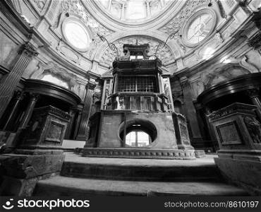 TURIN, ITALY - CIRCA OCTOBER 2018  Cappella della Sindone meaning Holy Shroud chapel at Turin Cathedral in black and white. Cappella della Sindone in Turin in black and white