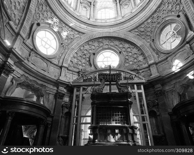 TURIN, ITALY - CIRCA OCTOBER 2018: Cupola cappella della Sindone meaning Holy Shroud chapel dome at Turin Cathedral in black and white. Cappella della Sindone dome in Turin in black and white