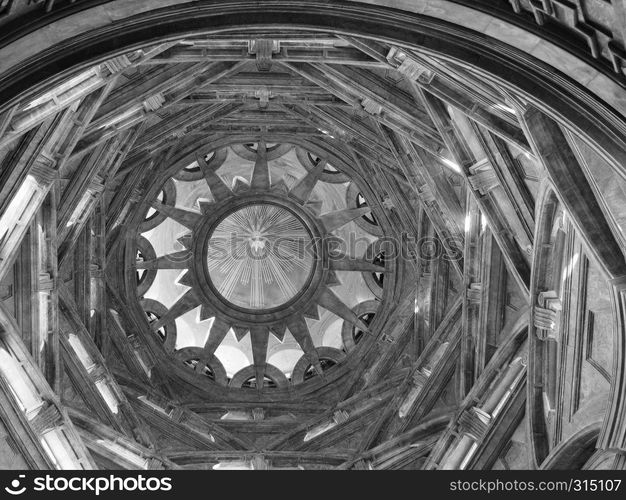 TURIN, ITALY - CIRCA OCTOBER 2018: Cupola cappella della Sindone meaning Holy Shroud chapel dome at Turin Cathedral in black and white. Cappella della Sindone dome in Turin in black and white