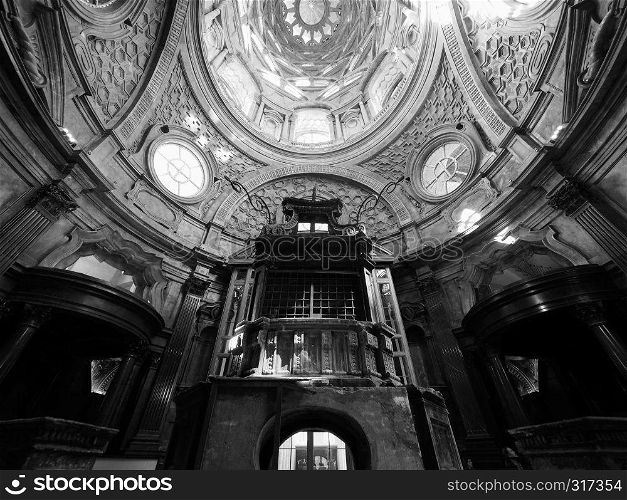 TURIN, ITALY - CIRCA OCTOBER 2018: Cupola cappella della Sindone meaning Holy Shroud chapel dome at Turin Cathedral in black and white. Cappella della Sindone dome in Turin in black and white