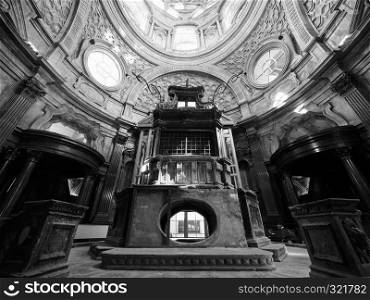 TURIN, ITALY - CIRCA OCTOBER 2018: Cupola cappella della Sindone meaning Holy Shroud chapel dome at Turin Cathedral in black and white. Cappella della Sindone dome in Turin in black and white
