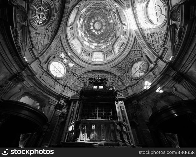 TURIN, ITALY - CIRCA OCTOBER 2018: Cupola cappella della Sindone meaning Holy Shroud chapel dome at Turin Cathedral in black and white. Cappella della Sindone dome in Turin in black and white