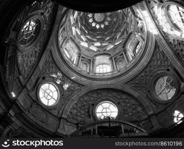 TURIN, ITALY - CIRCA OCTOBER 2018  Cupola cappella della Sindone meaning Holy Shroud chapel dome at Turin Cathedral in black and white. Cappella della Sindone dome in Turin in black and white