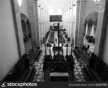 TURIN, ITALY - CIRCA OCTOBER 2018: Duomo di Torino (meaning Turin Cathedral) interior in black and white. Cathedral in Turin in black and white