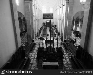 TURIN, ITALY - CIRCA OCTOBER 2018: Duomo di Torino (meaning Turin Cathedral) interior in black and white. Cathedral in Turin in black and white