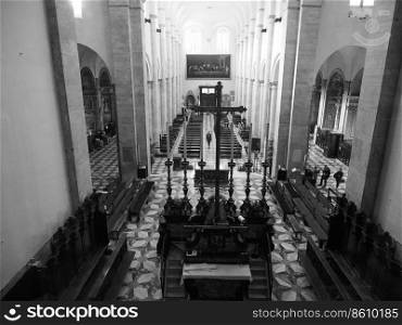 TURIN, ITALY - CIRCA OCTOBER 2018  Duomo di Torino  meaning Turin Cathedral  interior in black and white. Cathedral in Turin in black and white