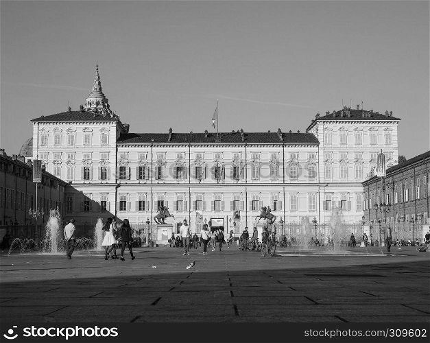 TURIN, ITALY - CIRCA OCTOBER 2018: Palazzo Reale meaning Royal Palace in black and white. Palazzo Reale in Turin in black and white