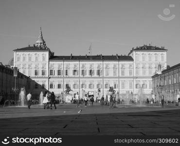 TURIN, ITALY - CIRCA OCTOBER 2018: Palazzo Reale meaning Royal Palace in black and white. Palazzo Reale in Turin in black and white