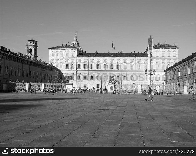 TURIN, ITALY - CIRCA OCTOBER 2018: Palazzo Reale meaning Royal Palace in black and white. Palazzo Reale in Turin in black and white