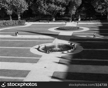 TURIN, ITALY - CIRCA OCTOBER 2018: Palazzo Reale (meaning Royal Palace) park in black and white. Palazzo Reale park in Turin in black and white