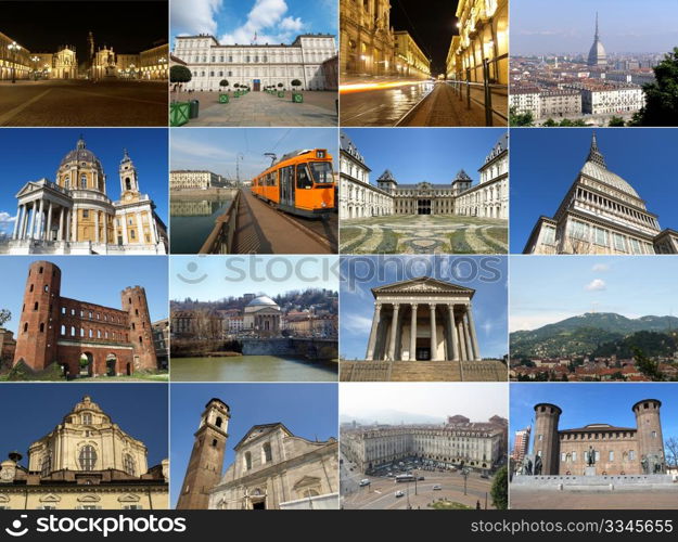 Turin landmarks. Turin famous landmarks and monuments collage, Italy