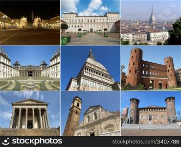 Turin landmarks. Turin famous landmarks and monuments collage, Italy