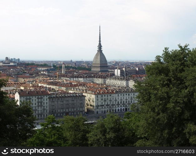 Turin skyline panorama seen from the hill with Mole Antonelliana (famous ugly wedding cake building). Turin, Italy