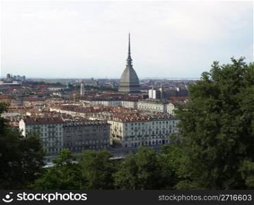 Turin skyline panorama seen from the hill with Mole Antonelliana (famous ugly wedding cake building). Turin, Italy