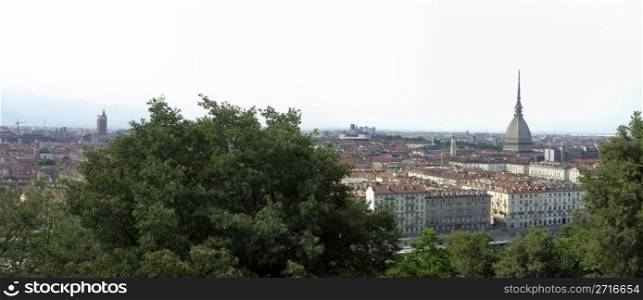 Turin skyline panorama seen from the hill, with Mole Antonelliana (famous ugly wedding-cake building). Turin, Italy