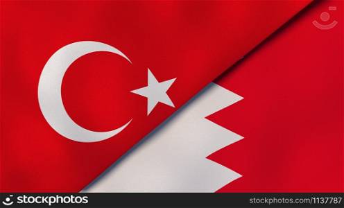 Turkey Bahrain national flags. News, reportage, business background. 3D illustration.. Turkey Bahrain national flags. News, reportage, business background. 3D illustration