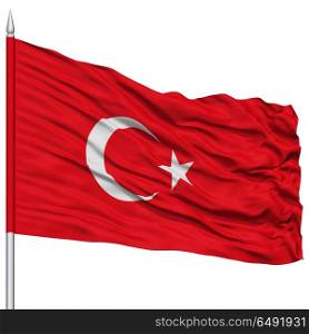 Turkey Flag on Flagpole , Flying in the Wind, Isolated on White Background
