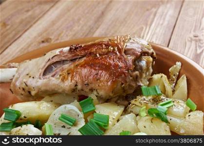 Turkey leg with baked potatoes .country cuisine