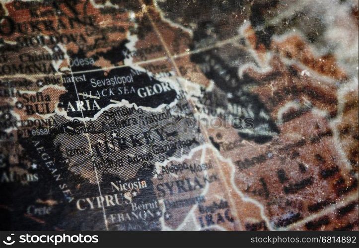 Turkey map on vintage crack paper background, selective focus