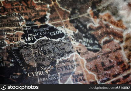 Turkey map on vintage crack paper background, selective focus