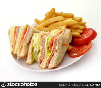 Turkey Or Ham Club Sandwich And French Fries