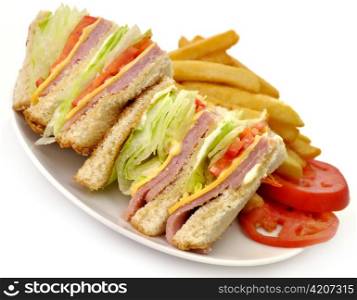Turkey Or Ham Club Sandwich And French Fries