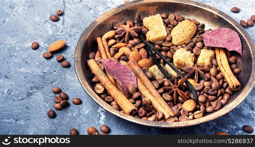turkish coffee bean. roasted coffee beans and coffee spices on tray