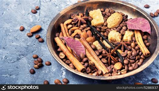turkish coffee bean. roasted coffee beans and coffee spices on tray