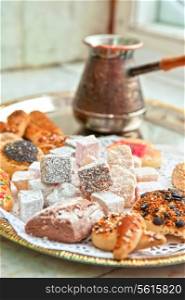 Turkish delight dessert rahat lokum different colors, and baklava