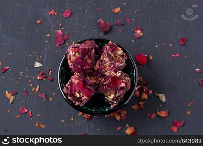 Turkish delight with dried rose leaves