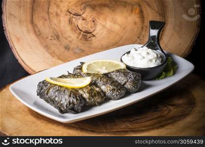 Turkish dolmas, rice and meat wrapped in a grapevine leaf