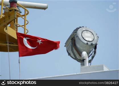 Turkish flag in boat. Welcome to Turkey.
