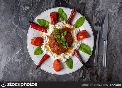 Turkish Food Hunkar Begendi made with Eggplant and Meat. Eggplant and Meat