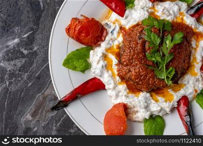 Turkish Food Hunkar Begendi made with Eggplant and Meat. Eggplant and Meat