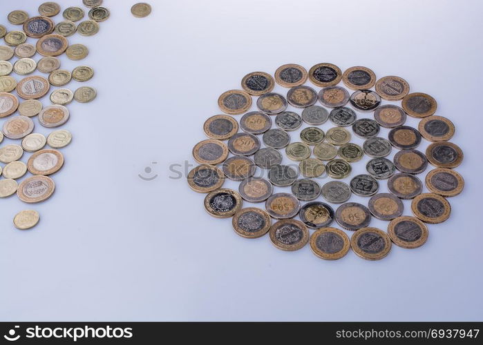 Turkish Lira coins together shape a round circle form on white background