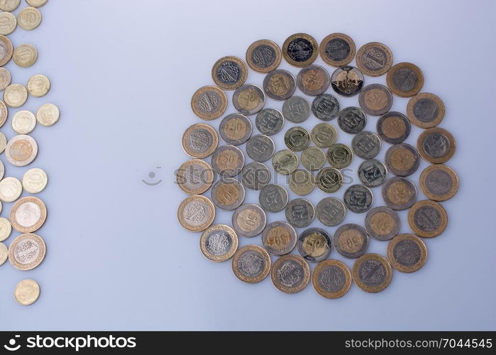 Turkish Lira coins together shape a round circle form on white background