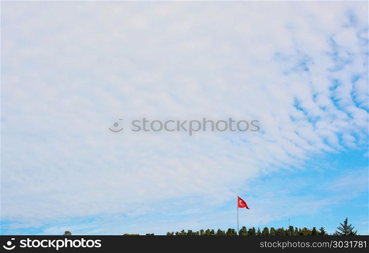 Turkish national flag hang on a pole among the trees. Turkish national flag