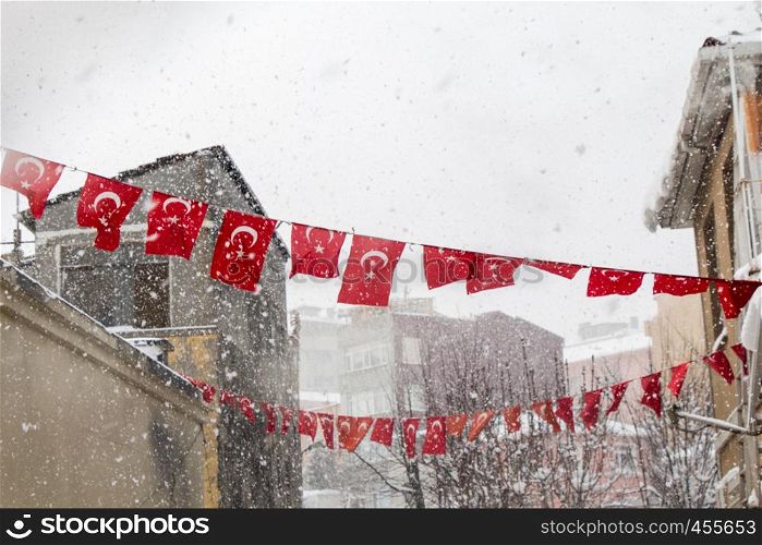 Turkish national flag hanging in the street in open air