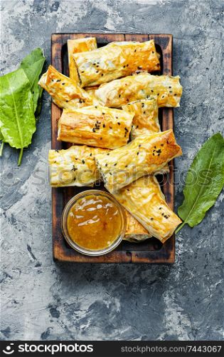 Turkish pastries with spinach and cottage cheese.Turkish cuisine. Turkish spinach pie